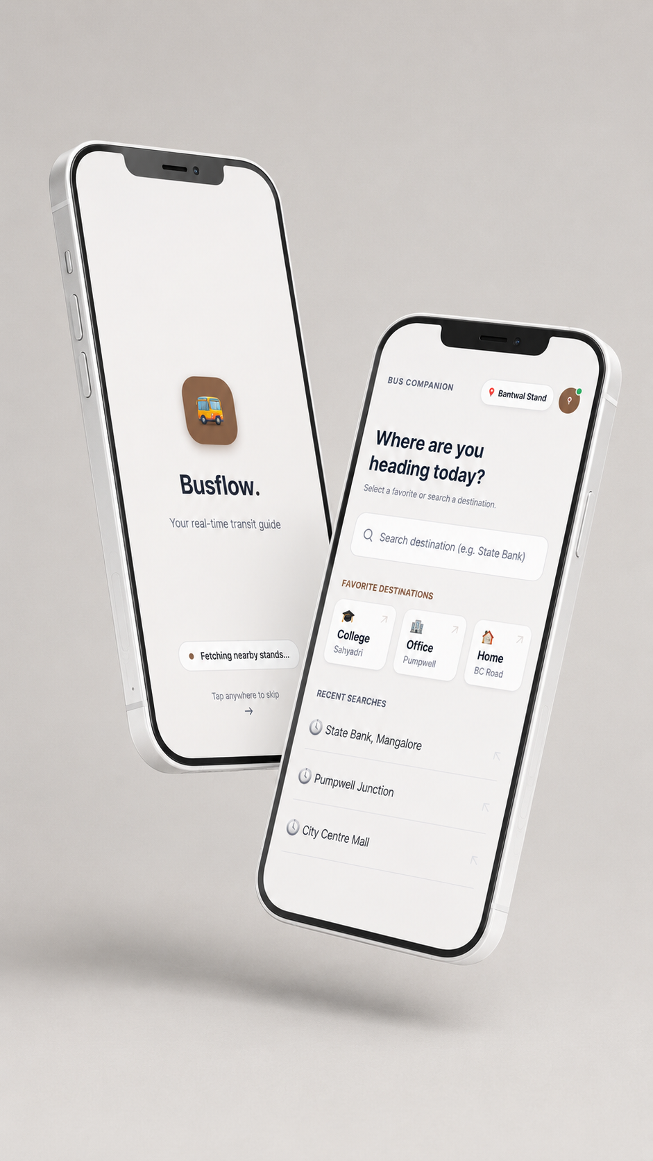 BusFlow home screen with departure location and destination search