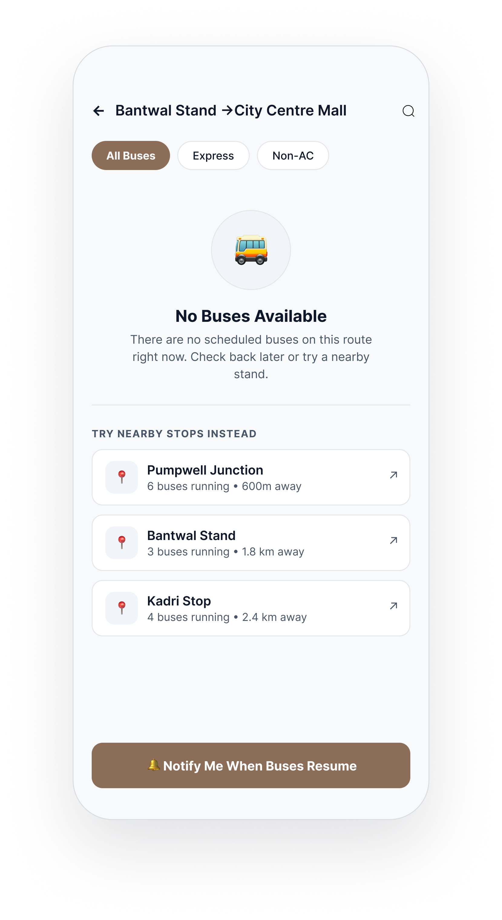 No buses available screen with nearby stops and notify me