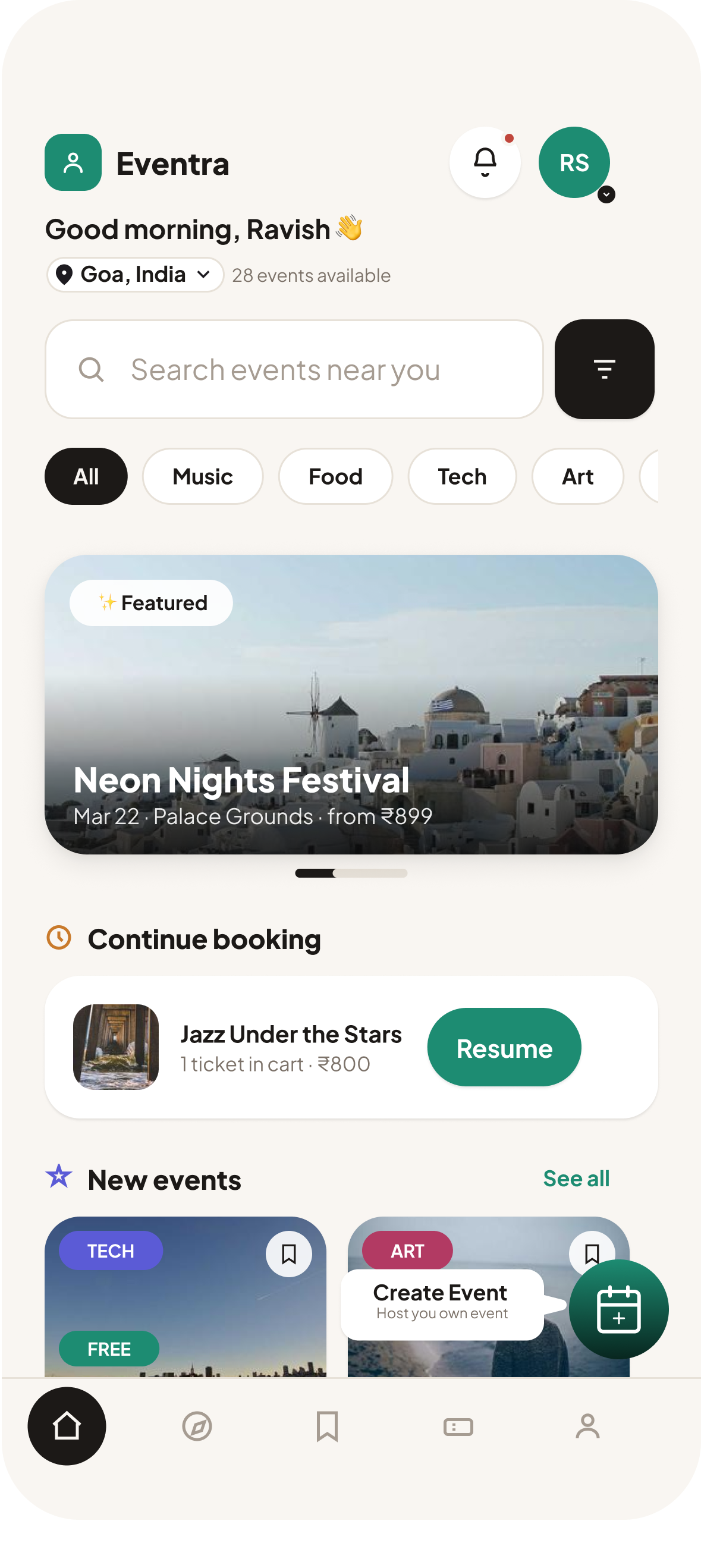 Discover screen — Eventra home
