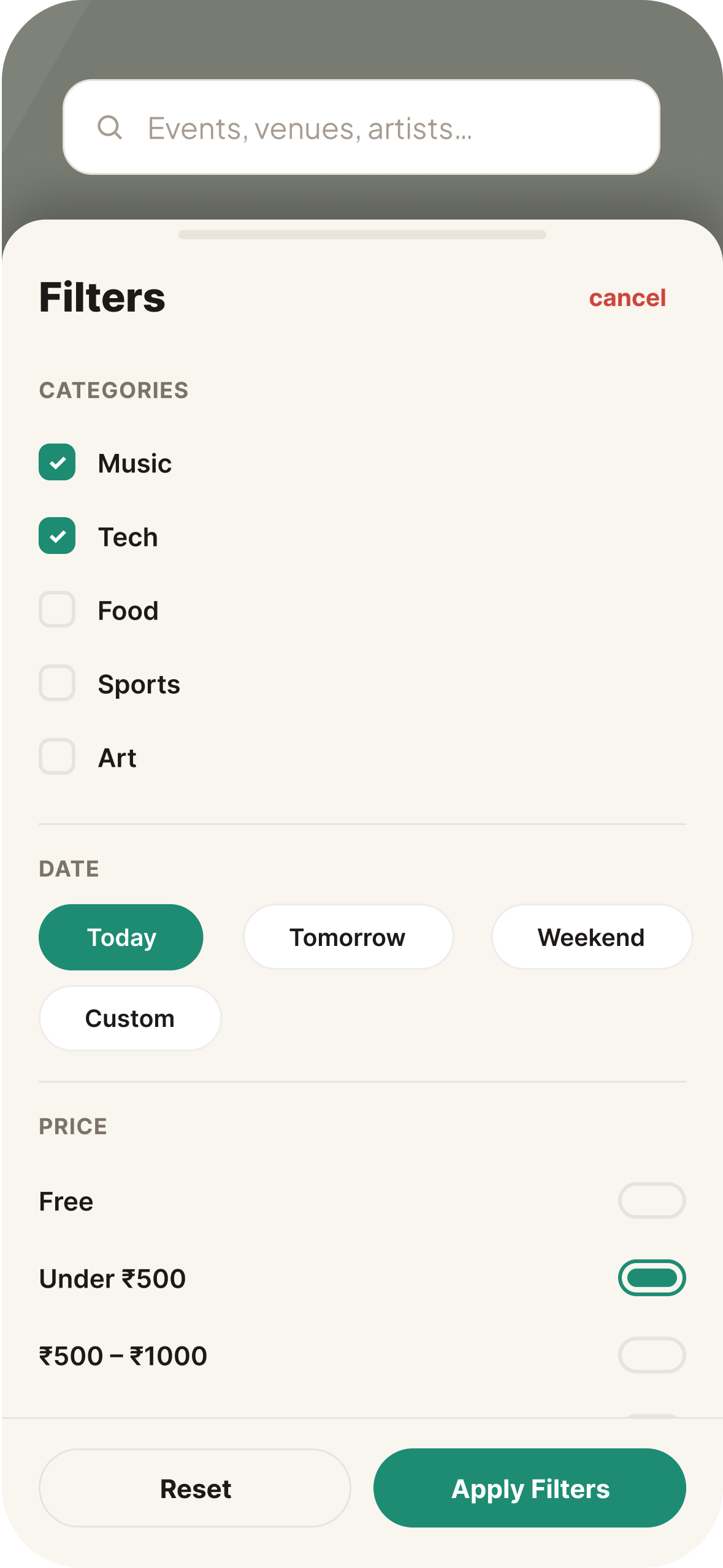 Explore screen — Eventra search