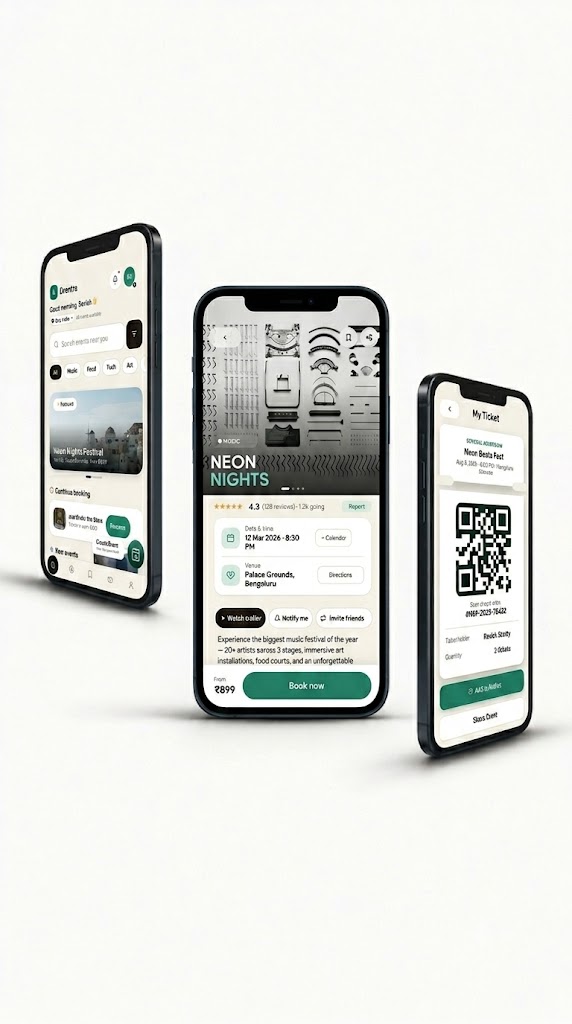Eventra app showing Home, Event Details and My Ticket