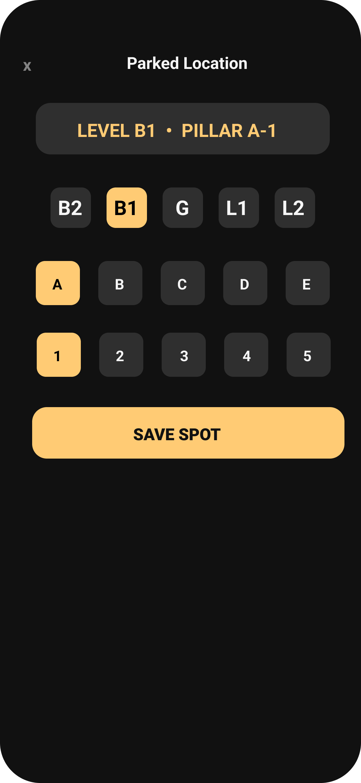 Parked Location screen with level, pillar and spot selectors and a Save Spot button