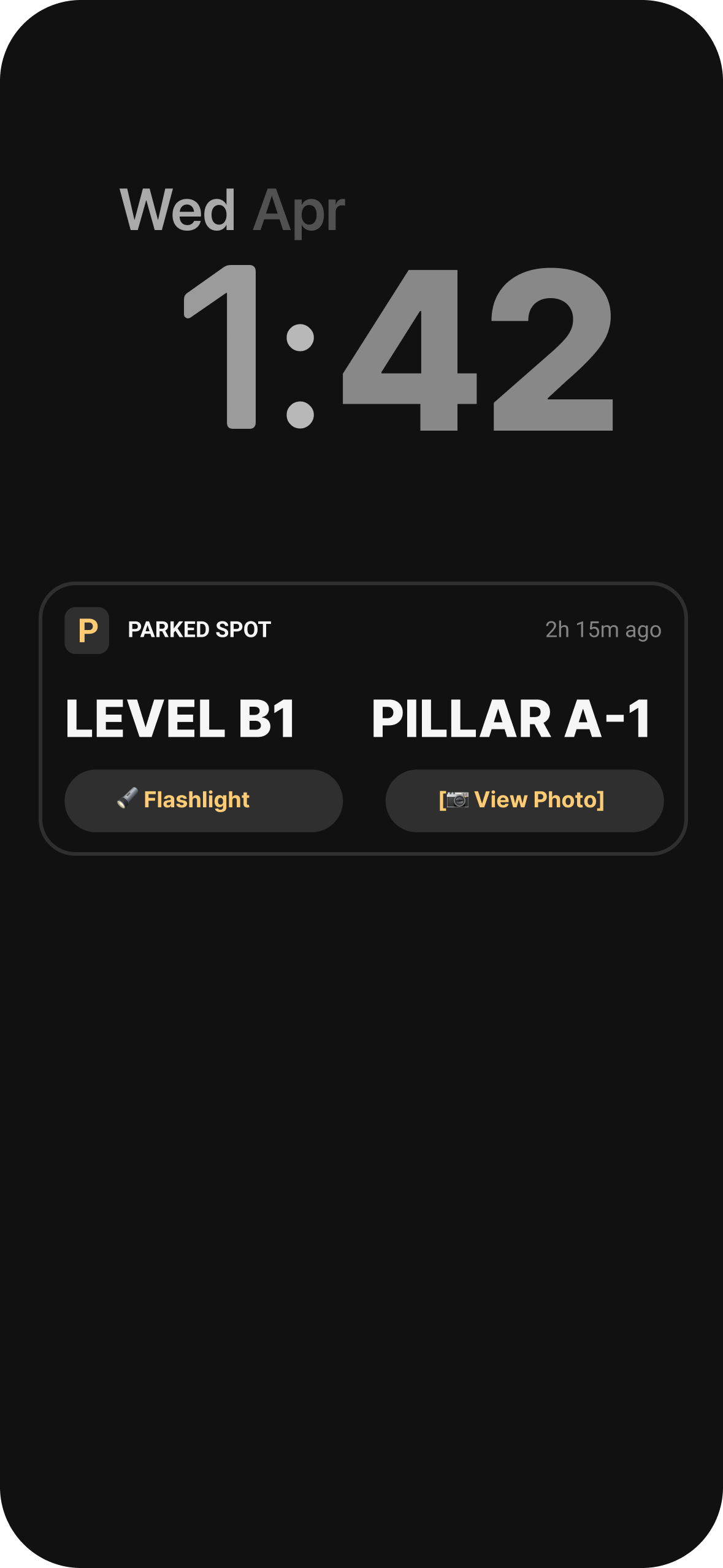 Lock screen widget showing Parked Spot, Level B1, Pillar A-1, with Flashlight and View Photo actions